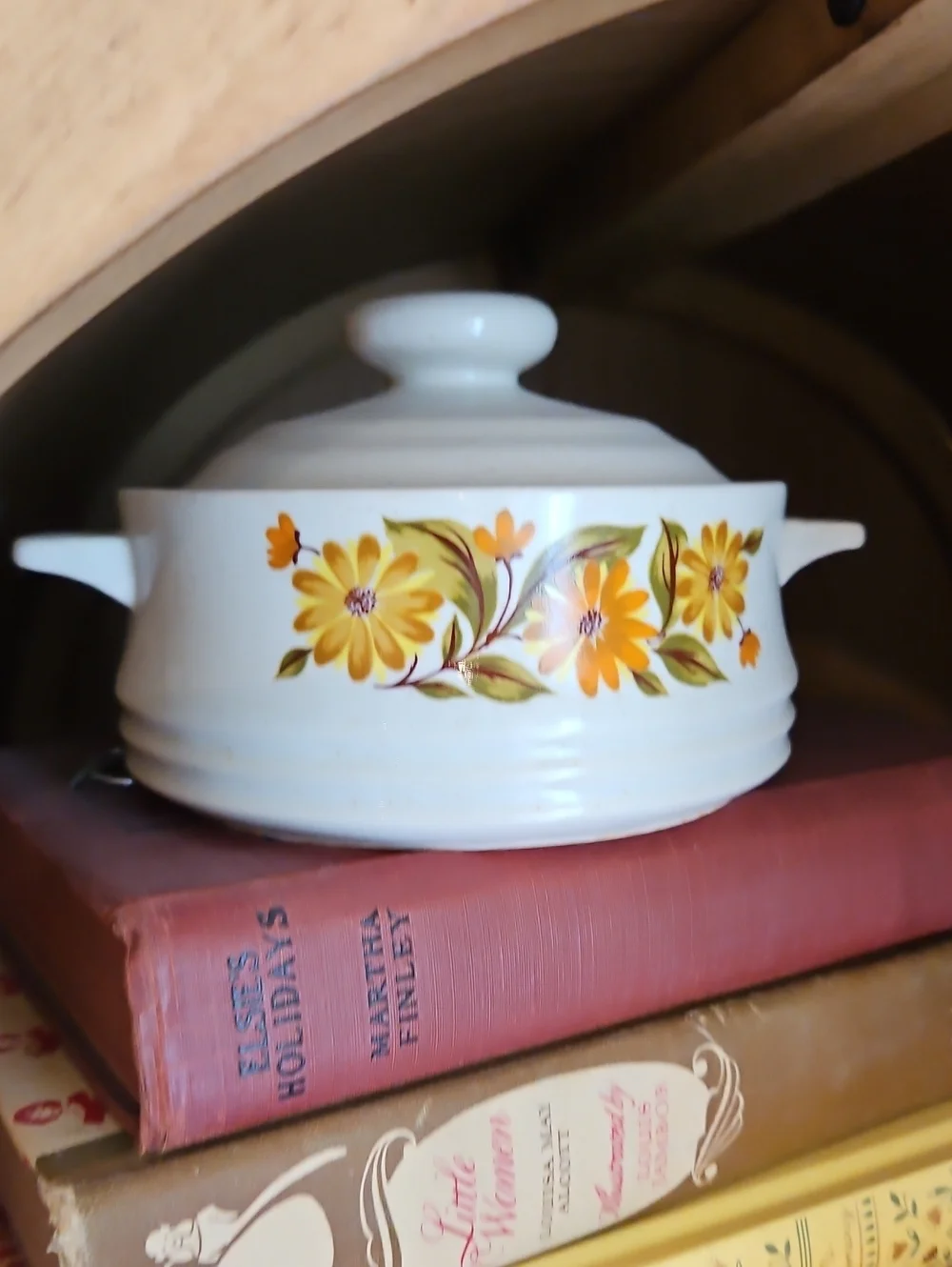 White Ceramic Covered Casserole with Yellow Floral Design
